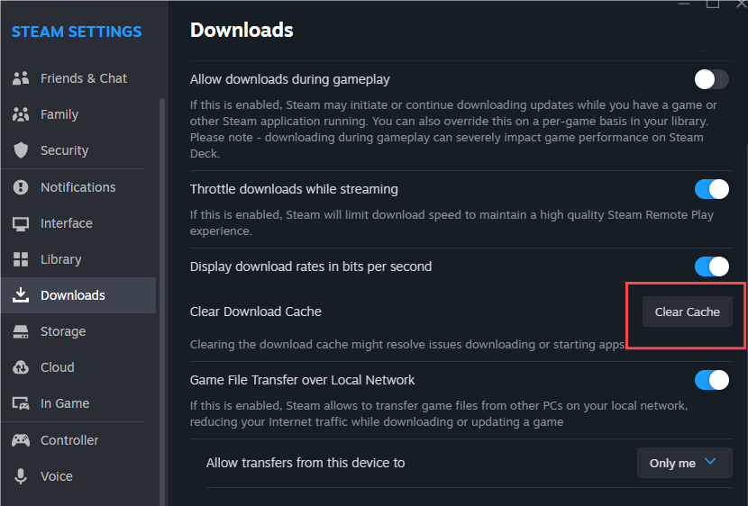 Click "Clear Cache" Next to "Clear Download Cache"