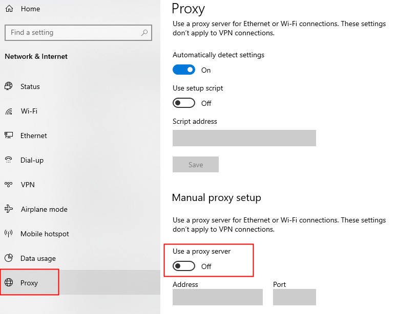 Disable or change VPN and proxy server