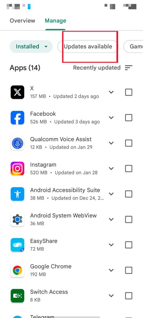 Googleストアで「利用可能な更新」をクリック