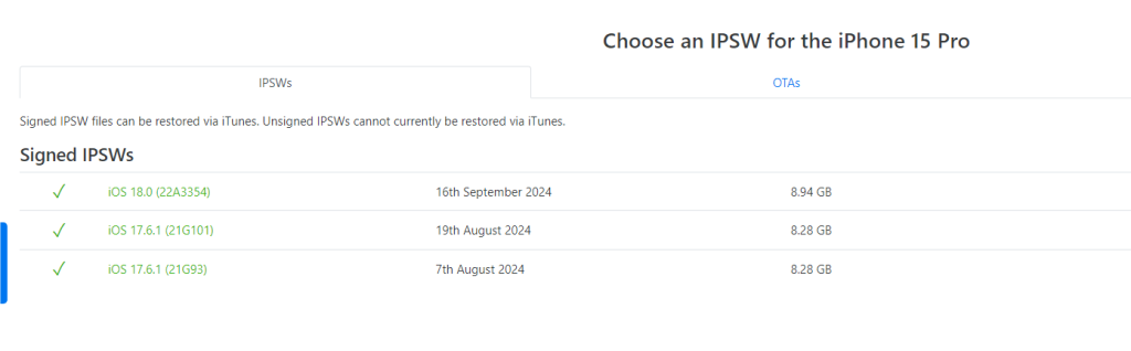 Signed iOS Version for the iPhone 15 Pro