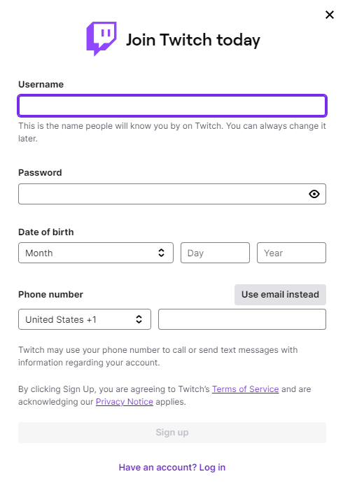 Twitch登録ページ