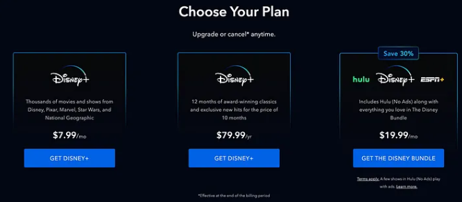 Plan Selection Page for Disney Plus