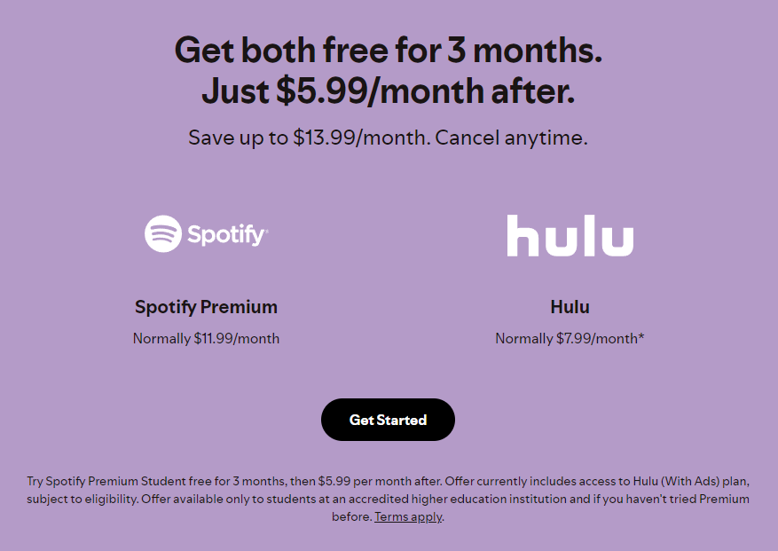 The Spotify Premium Student with Hulu (With Ads) Plan
