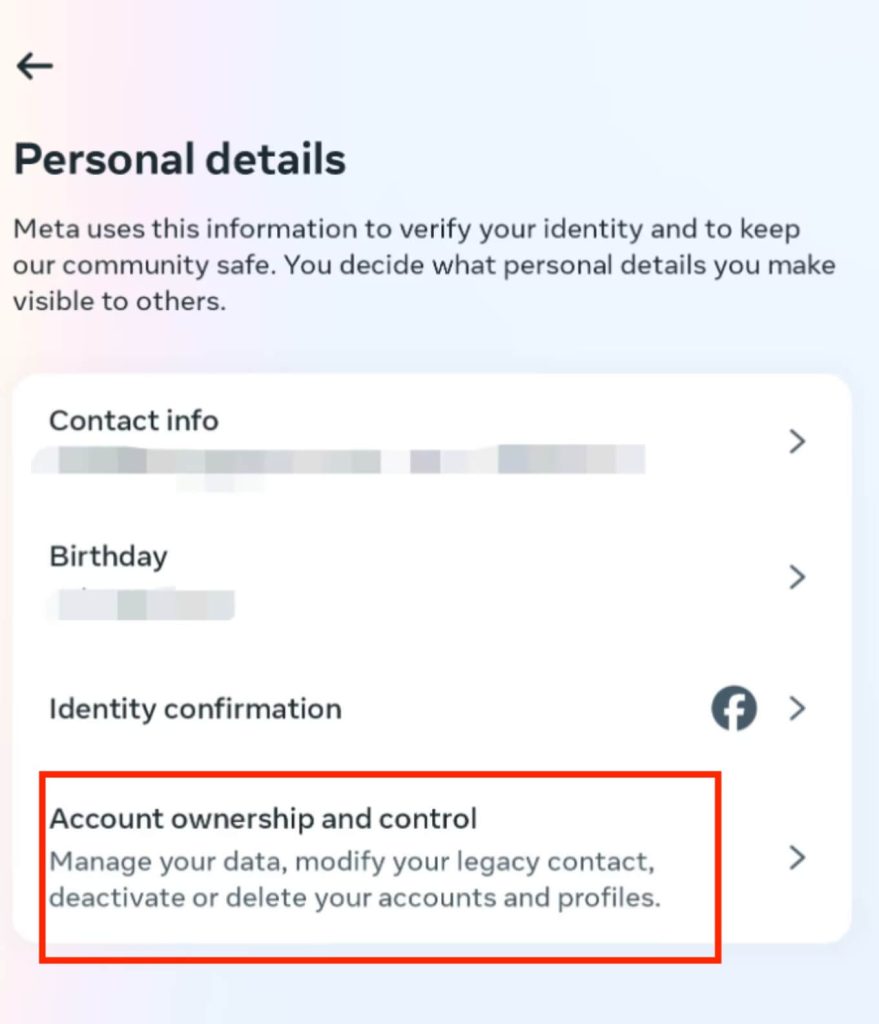 Удаление учетной записи Facebook через Центр учетных записей
