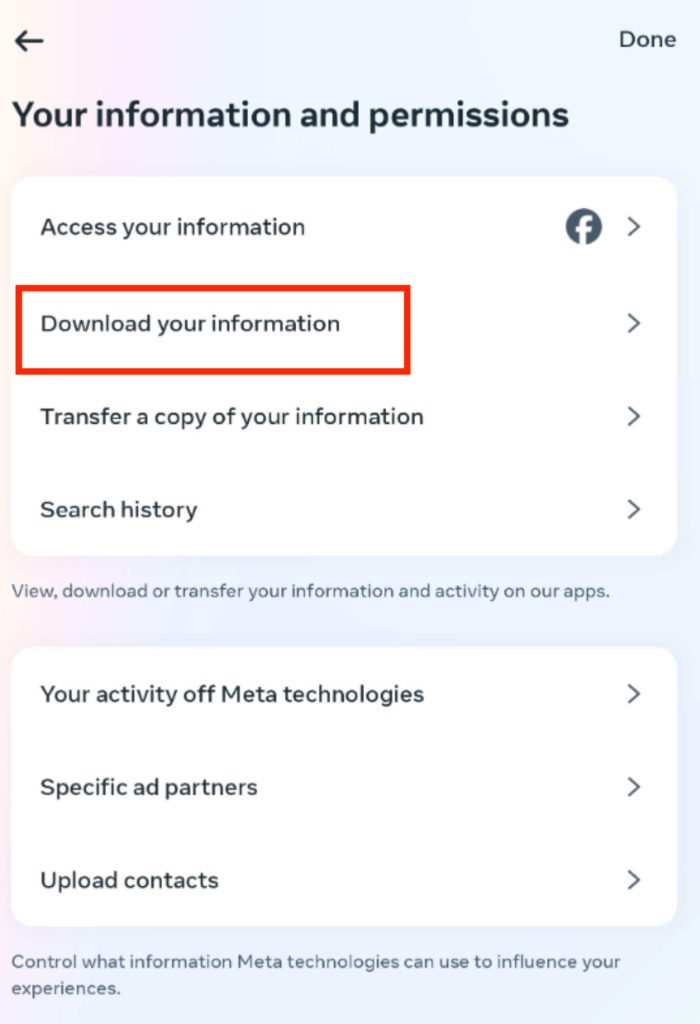 Загрузите информацию об учетной записи Facebook