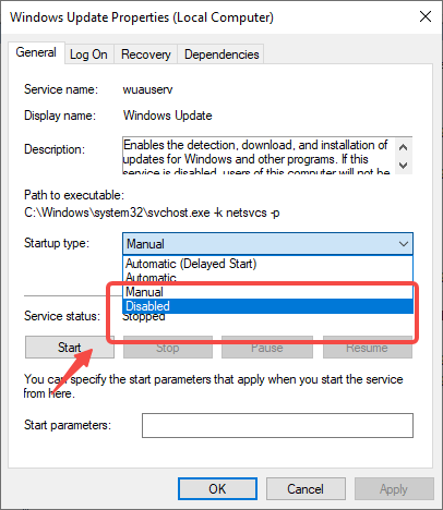 Windows 자동 업데이트를 끄려면 "사용 안 함"을 선택하세요