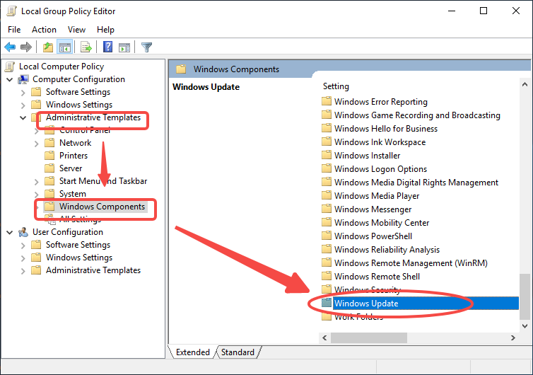 컴퓨터 구성 > 관리 템플릿 > Windows 구성 요소 > Windows 업데이트로 이동합니다.