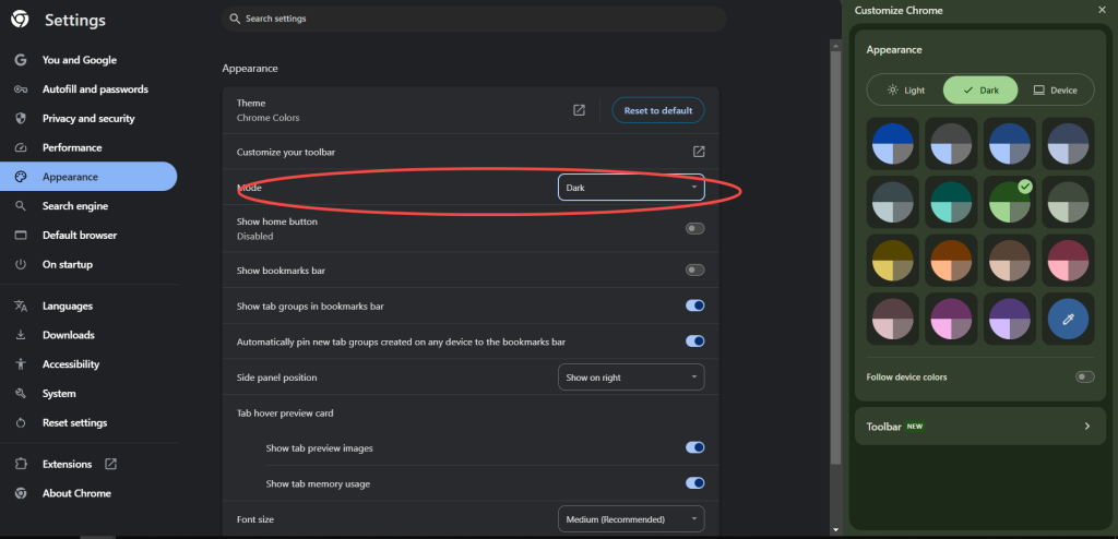 Seleccionar el modo oscuro de Chrome y añadirlo al sistema de Chrome