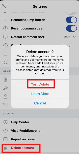 iOSでRedditアカウントを削除