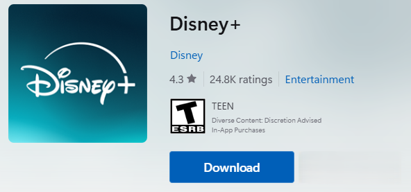 Disney Plus download from Microsoft Store