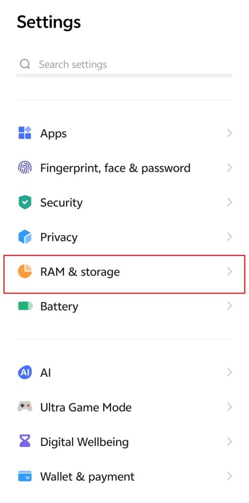 Vivoの設定で「RAMとストレージ」を選択