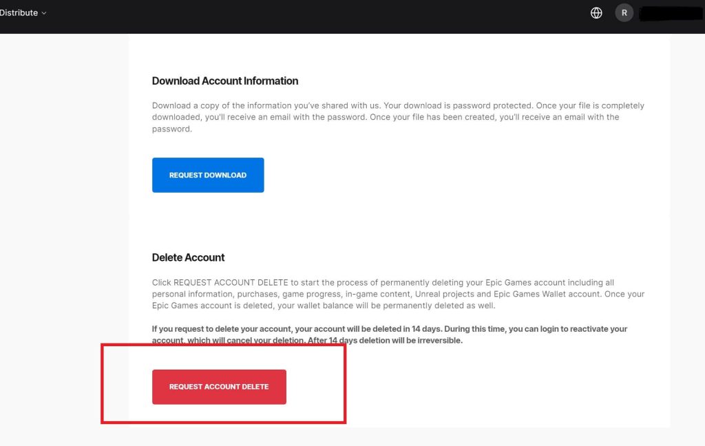 Click the "Request Account Delete" Button