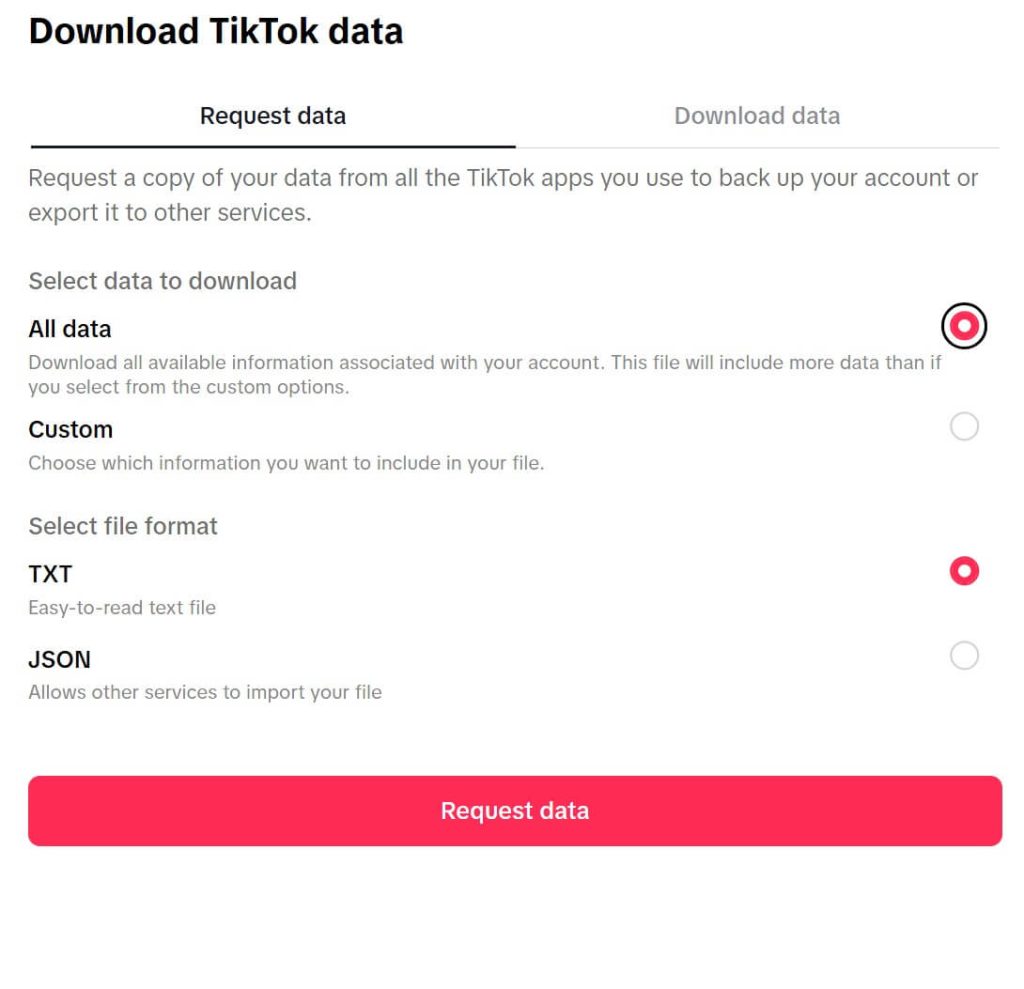 Select the File Format and Request Data