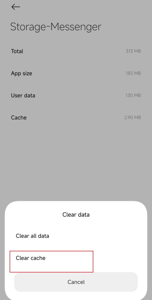 Borrar el almacenamiento/caché de Messenger