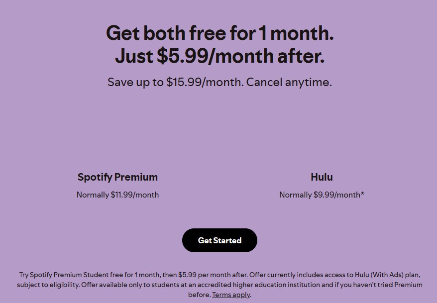 Spotify 学生高级版与 Hulu 计划