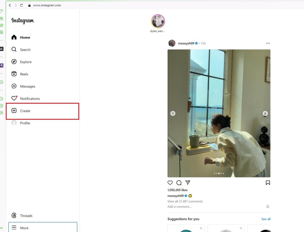 Click the Create Button on the Instagram Web