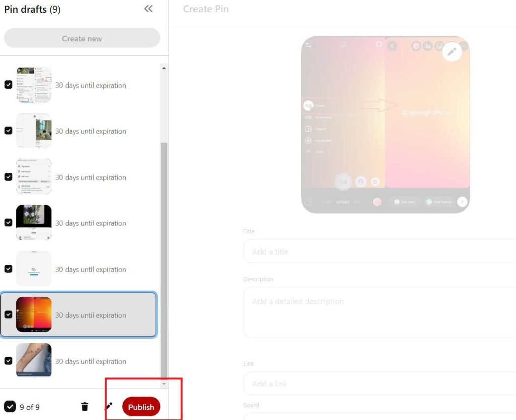 Click the Publish Button Under the Pinterest Drafts