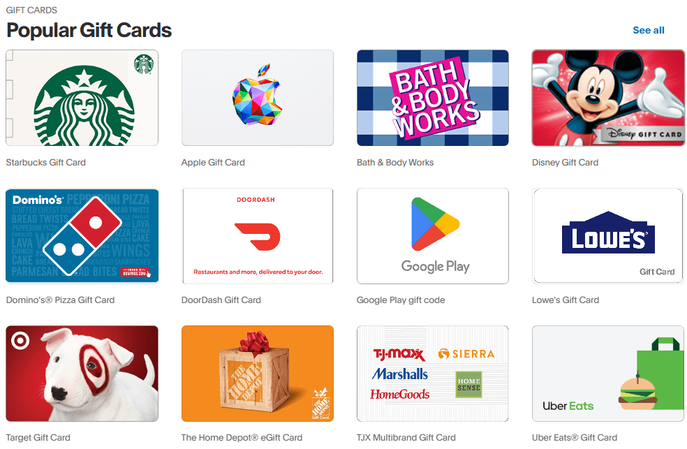 PayPal Digital Gifts 上的礼品卡