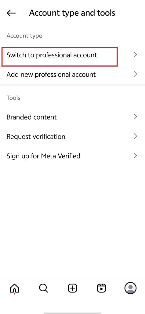 Choose "Switch to professional account"