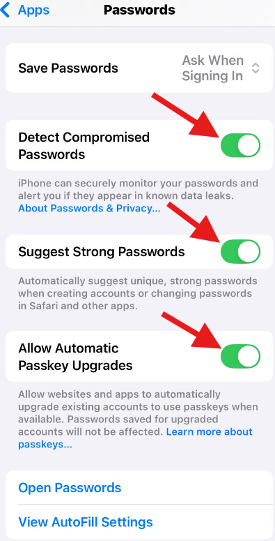 Adjust the Passwords app settings.