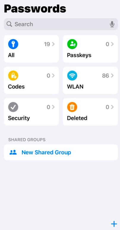 Different sections of the Passwords app