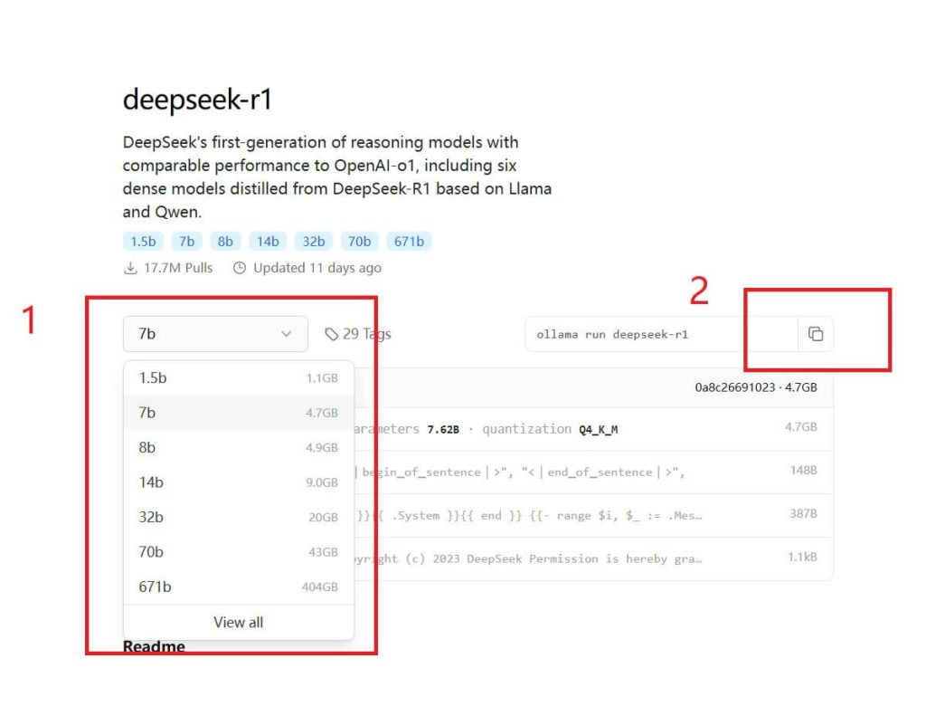 DeepSeek R1のパラメータを選択し、コードをコピーする