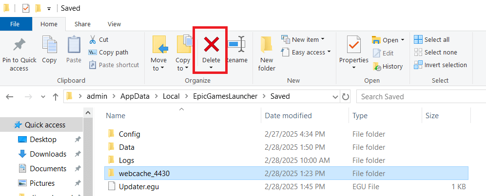 Delete the Webcache File of Epic Games Launcher