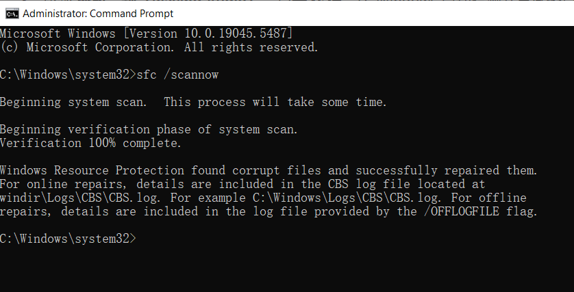 System Successfully Removed Corrupted Files