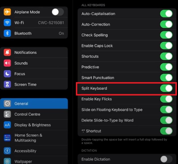 Turn off Split Keyboard in the General Page