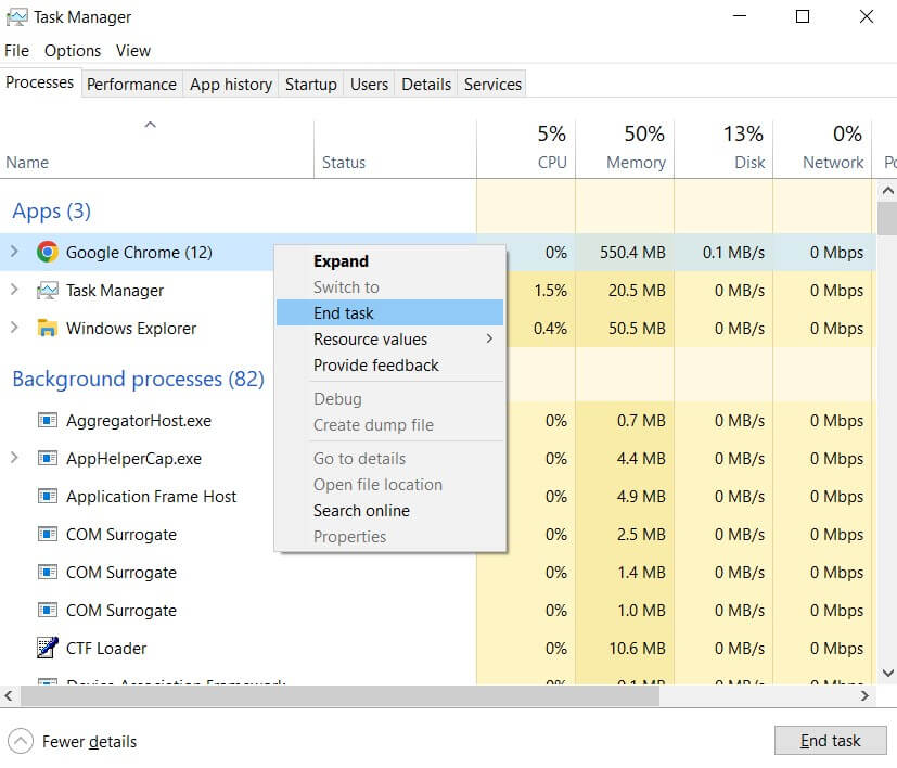 Select End Task to End the Google Chrome Process