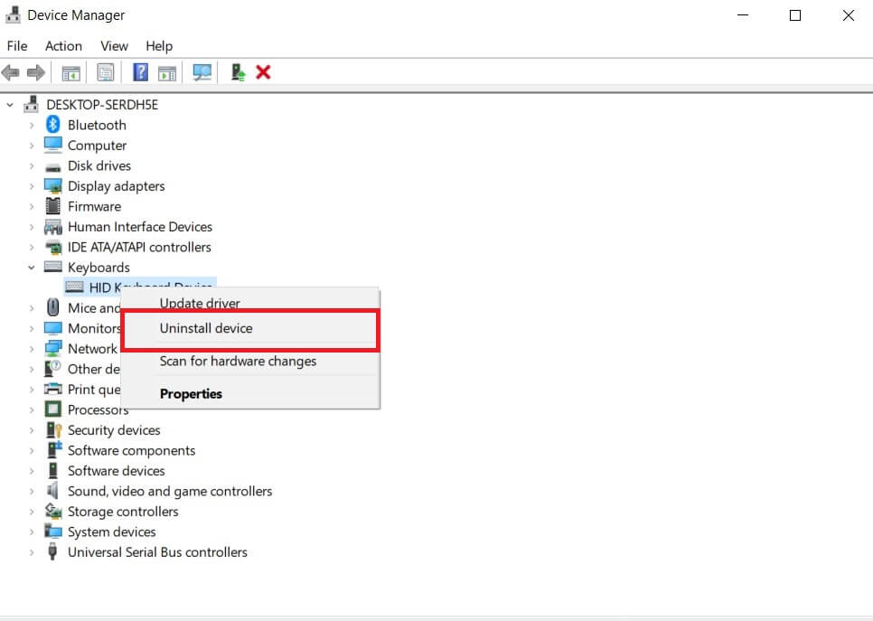Choose Uninstall Device Under the Keyboards Driver