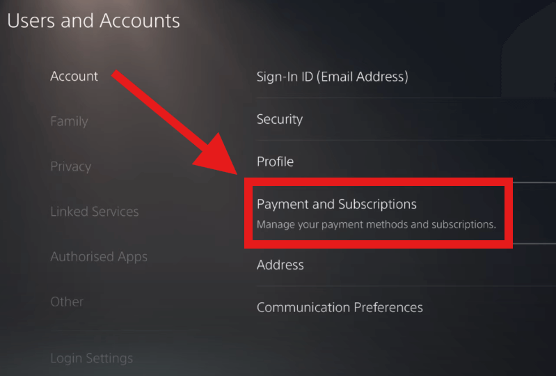 Choose Payment and Subscriptions to cancel PS Plus on PS5.