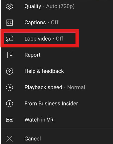 Loop a YouTube video on mobile settings option