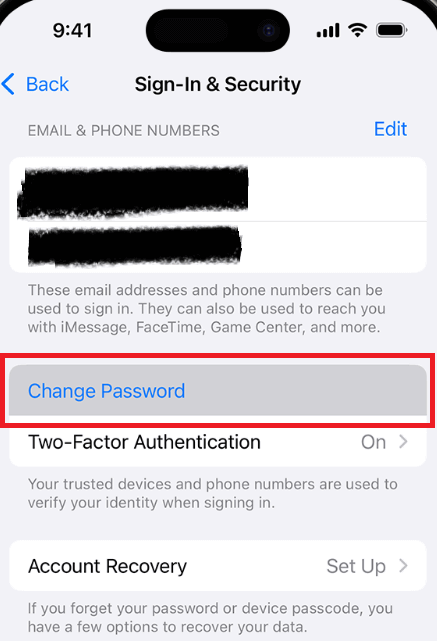 Tap "Change Password" in the iPhone Settings