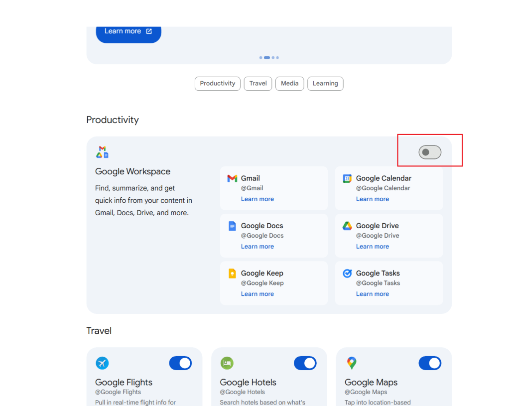 Toggle off the Switch Next to “Productivity”