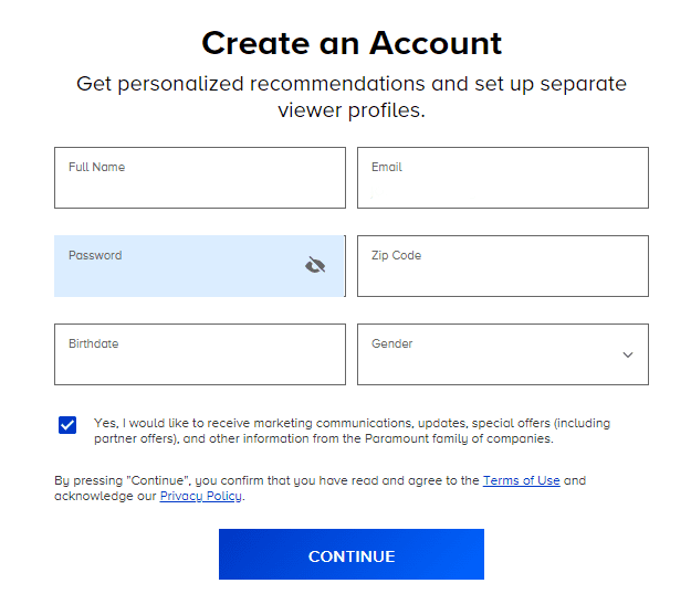 Paramount Plus login account creation page