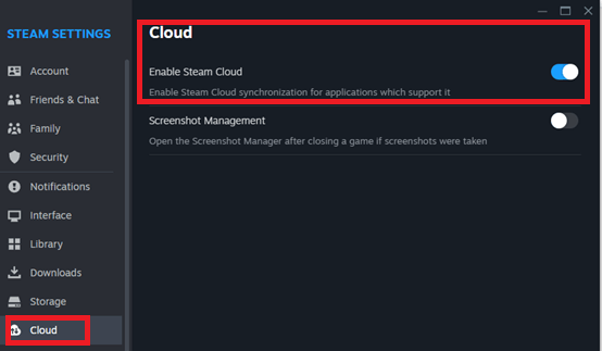 Steamクラウドを有効にする