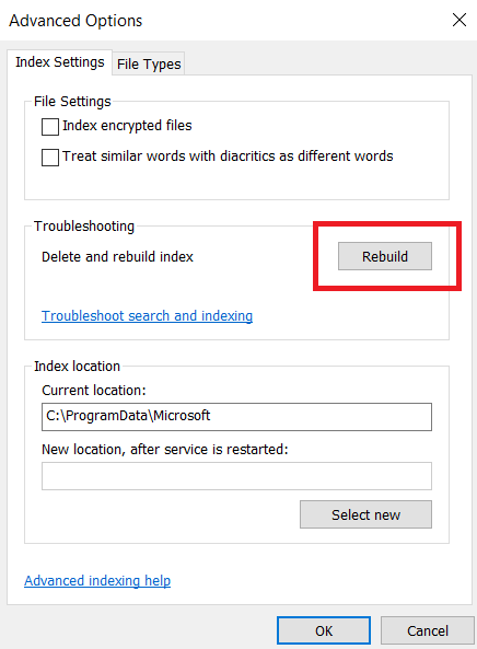Click “Rebuild” under "Index Settings"