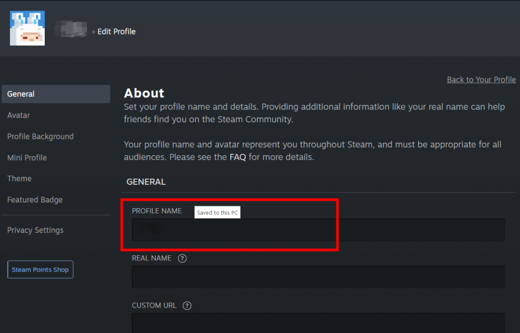Enter a New Steam Profile Name Under “PROFILE NAME”