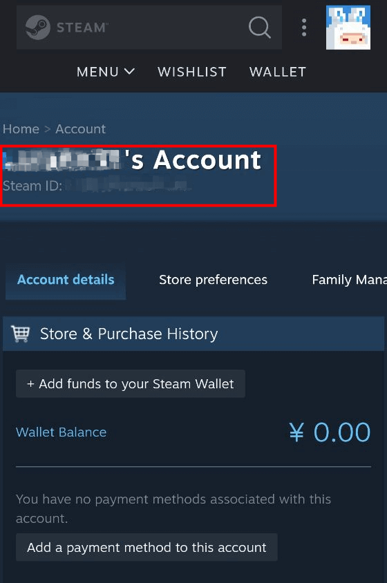 Check Steam Account Name and ID at the Top