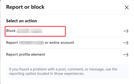 クリックすると、新しいウィンドウが開き、相手を「報告」するか「ブロック」するかを選べます。