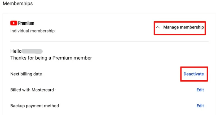 YouTube Premium 页面中显示“管理会员资格”和“停用”按钮的截图