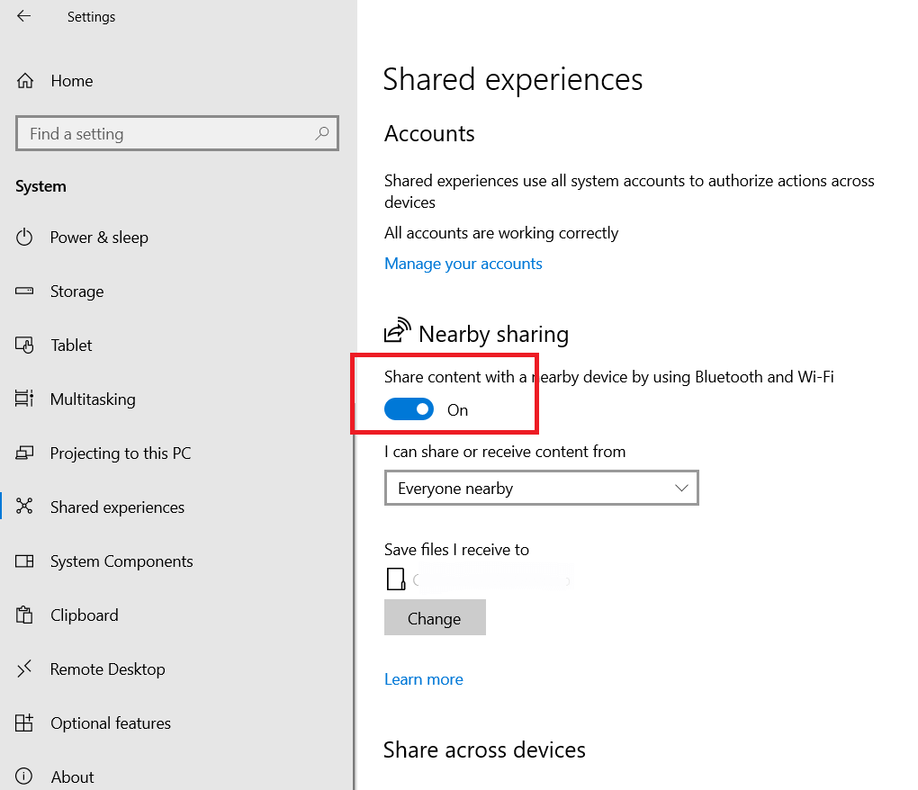 Toggle on “Nearby sharing”
