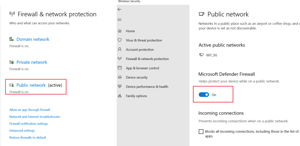 Click Public network and Disable the Firewall