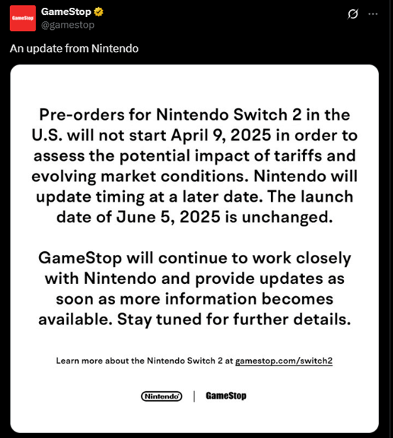 任天堂は米国でのスイッチ2の予約を延期した。