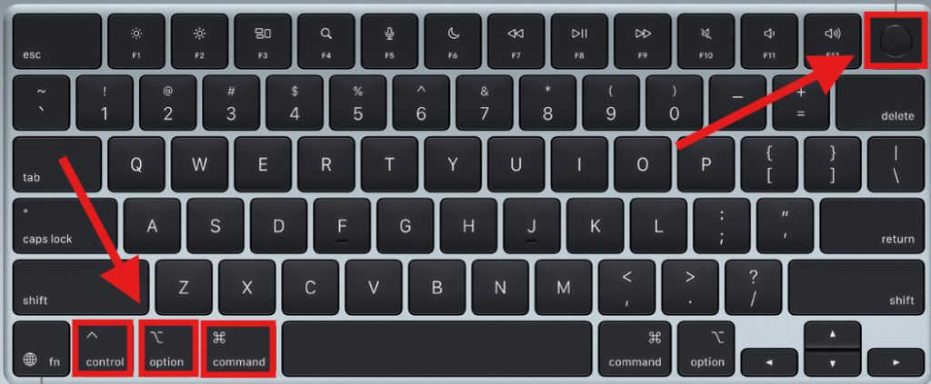 Press “Control + Option + Command + Power” button on MacBook keyboard