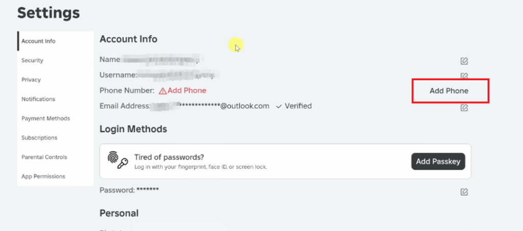 Click “Add Phone” Under “Account Info”
