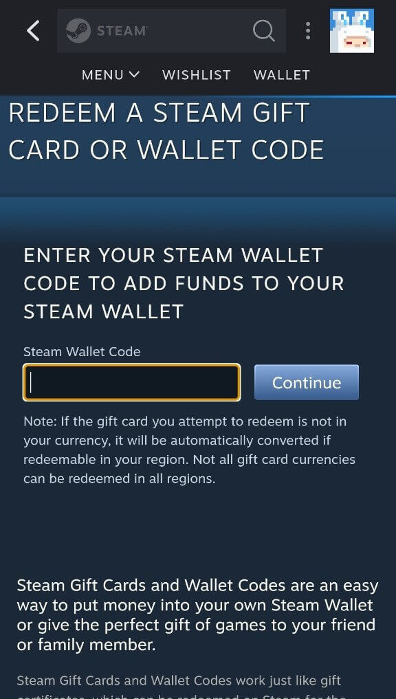 在“Steam钱包代码”栏输入礼品卡或钱包代码
