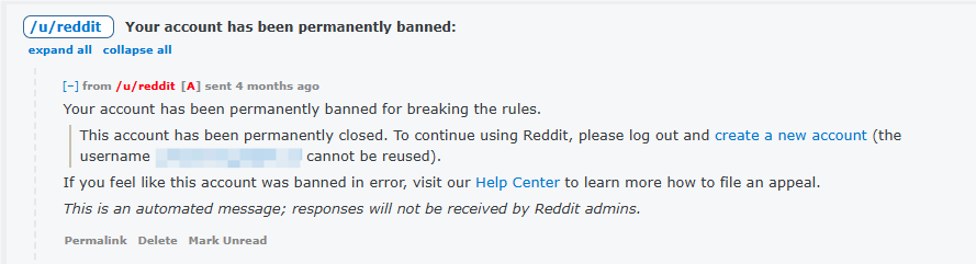 Reddit 邮件:“您的账户已被永久封禁。”