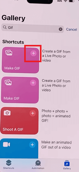 Pulsa en el icono «+» del atajo «Crear GIF»